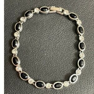 Rhinestone Bezel Tennis Bracelet Monochrome Silver Tone Black Cabochon Link 7"